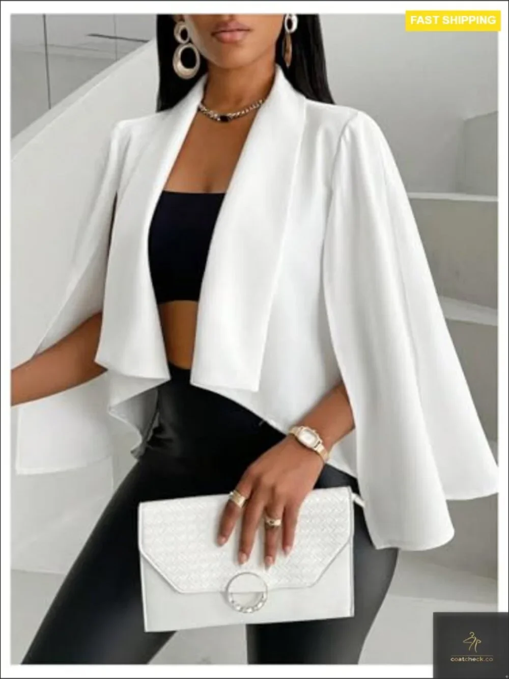 Cape Sleeve Cropped Blazer Elegant Slim Fit Open Front Lightweight Polyester - Picture 4 of 5